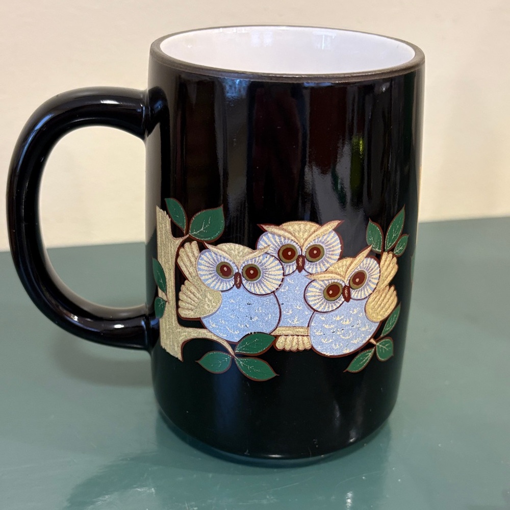 Otagiri Black Ceramic Mug with Hand-Painted Gold-Accented Owl Trio